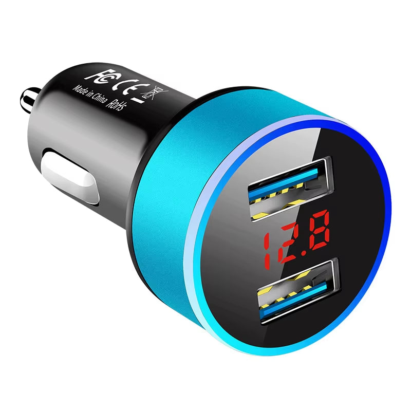 Car Charger for Cigarette Lighter Smart Phone USB Adapter Mobile Phone Charger Dual USB Digital Display Voltmeter Fast Charging